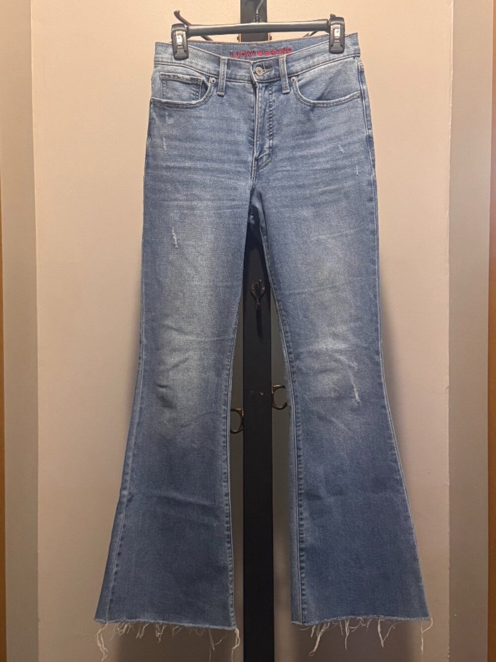 Lucky Brand High Rise Flare Jeans 4/27 Light Wash Distressed Raw Hem